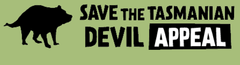 Official logo in black text on green, with a Tasmanian Devil in black, for the Save the Tasmanian Devil Appeal, supported by Tasmanian Soap Farm.