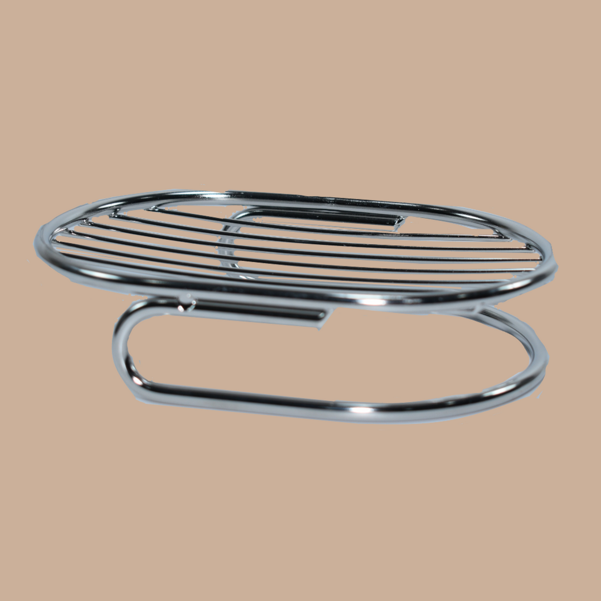 A polished stainless steel soap rack with a curved base, shown against a solid beige background.