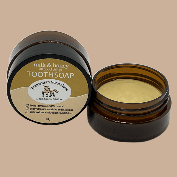 Tasmanian milk & honey toothsoap in a pot