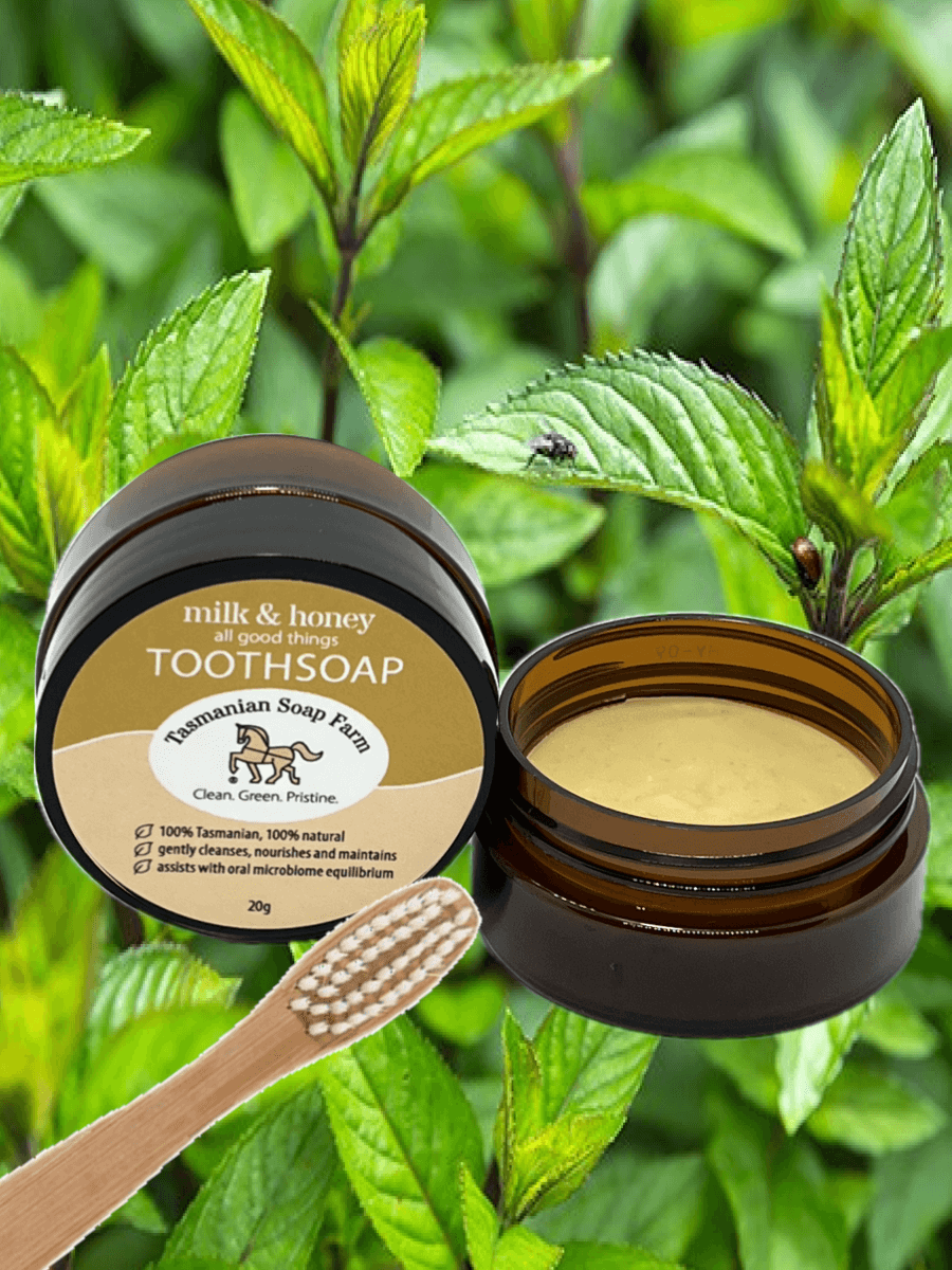 An open pot of milk and honey Tasmanian Soap Farm toothsoap next to a wooden toothbrush, set against a background of fresh green peppermint leaves.