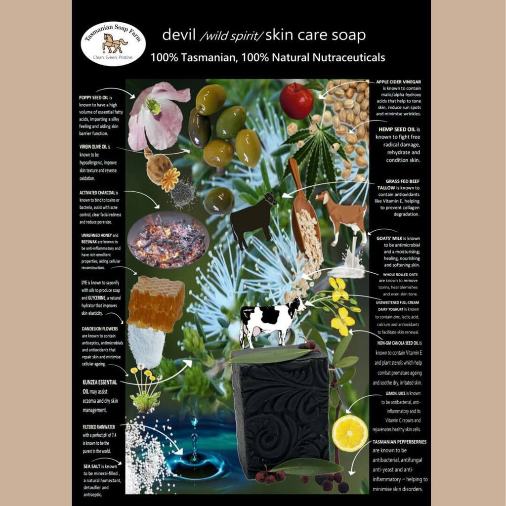 An informational product graphic for Devil Wild Spirit Skin Care Soap, by Tasmanian Soap Farm. The poster features a black background with various natural ingredients like olive oil, honey, activated charcoal, and herbs illustrated with labels pointing to their benefits.