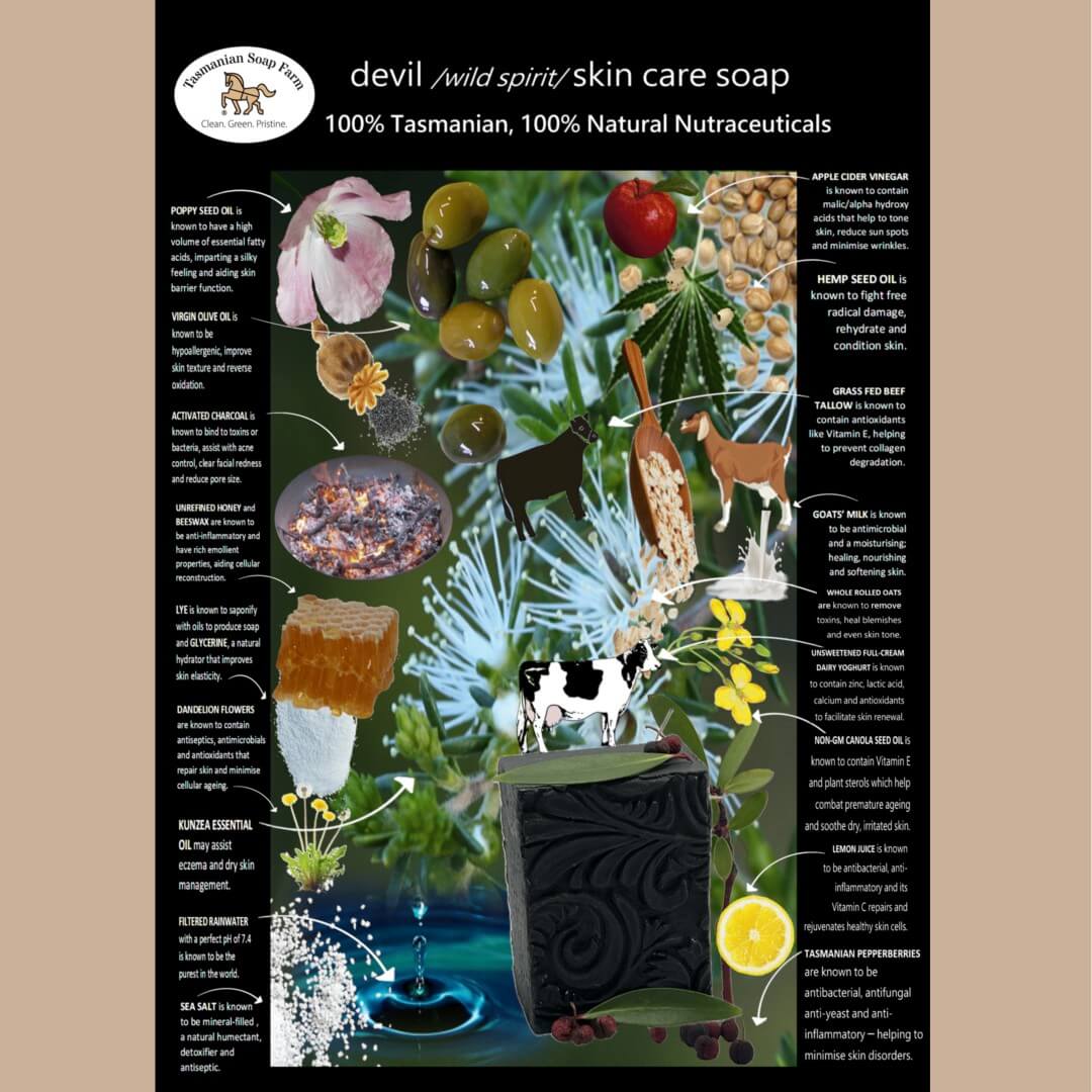 An informational product graphic for Devil Wild Spirit Skin Care Soap, by Tasmanian Soap Farm. The poster features a black background with various natural ingredients like olive oil, honey, activated charcoal, and herbs illustrated with labels pointing to their benefits.