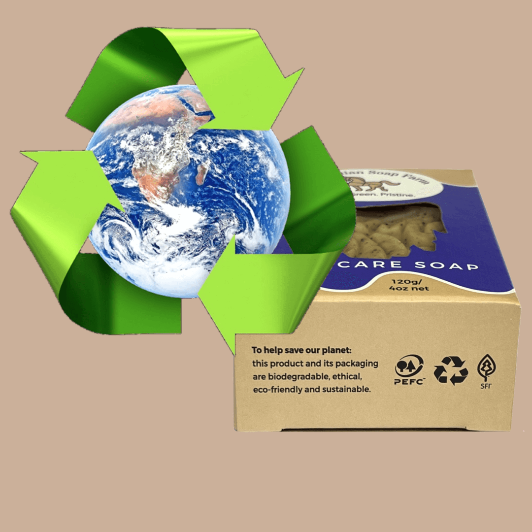 A cardboard box of classic skin care soap with a purple label and a clear window showing the soap inside, overlaid with a large green recycling symbol and a globe graphic on a beige background.