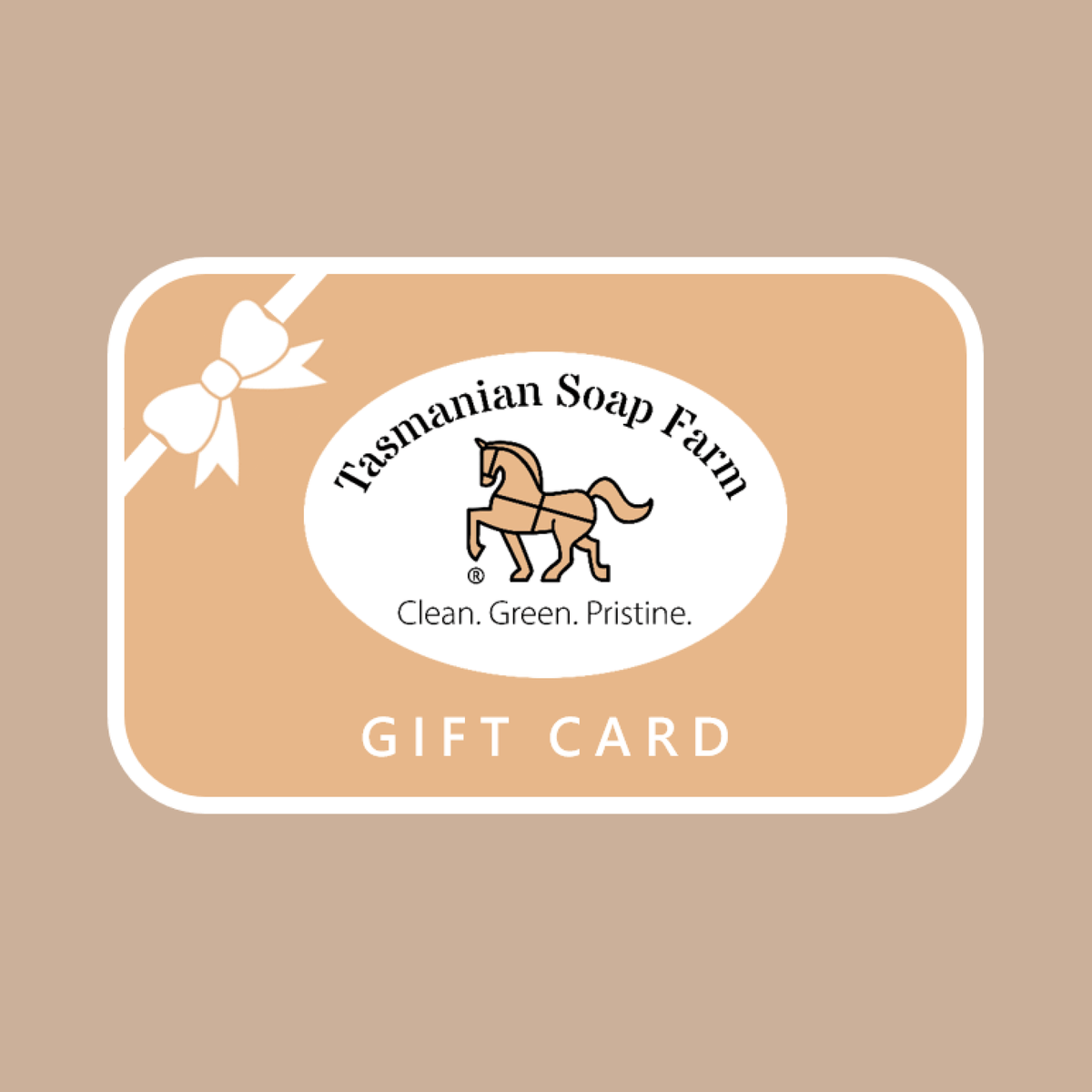 A Tasmanian Soap Farm gift card with a buff and white design, featuring a brown horse logo and the text 'GIFT CARD' on a solid tan background.