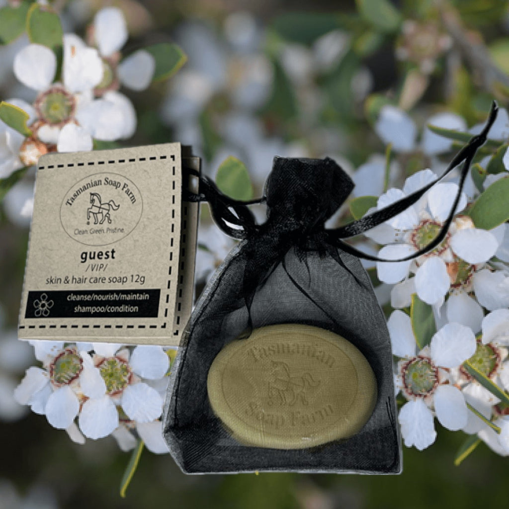 An oval bar of Tasmanian Soap Farm guest soap is displayed in a black mesh drawstring pouch next to its kraft paper packaging label, set against a background of white coastal tea tree flowers and green leaves.