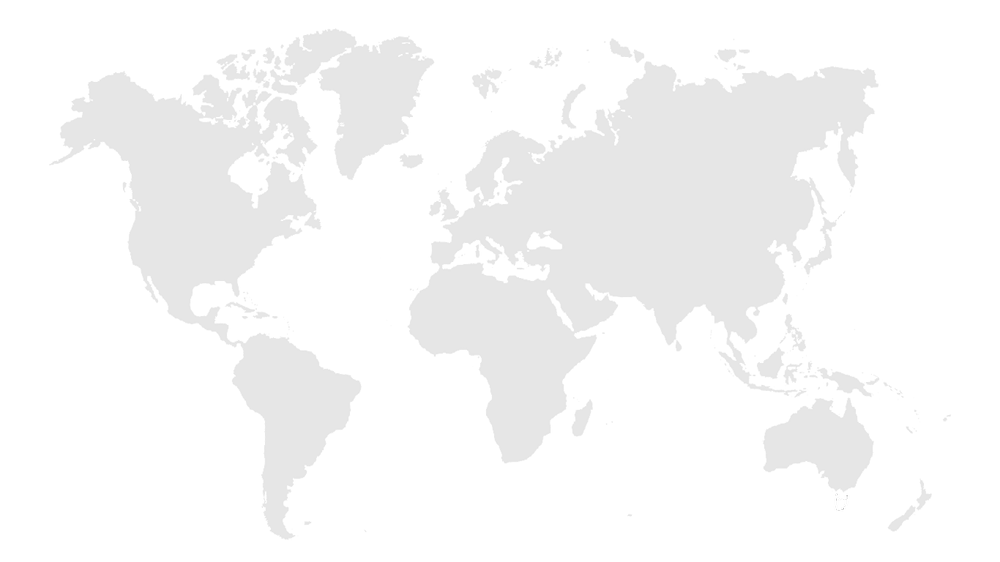 A minimalist, light grey world map silhouette on a solid white background. Tasmania is shown in white.