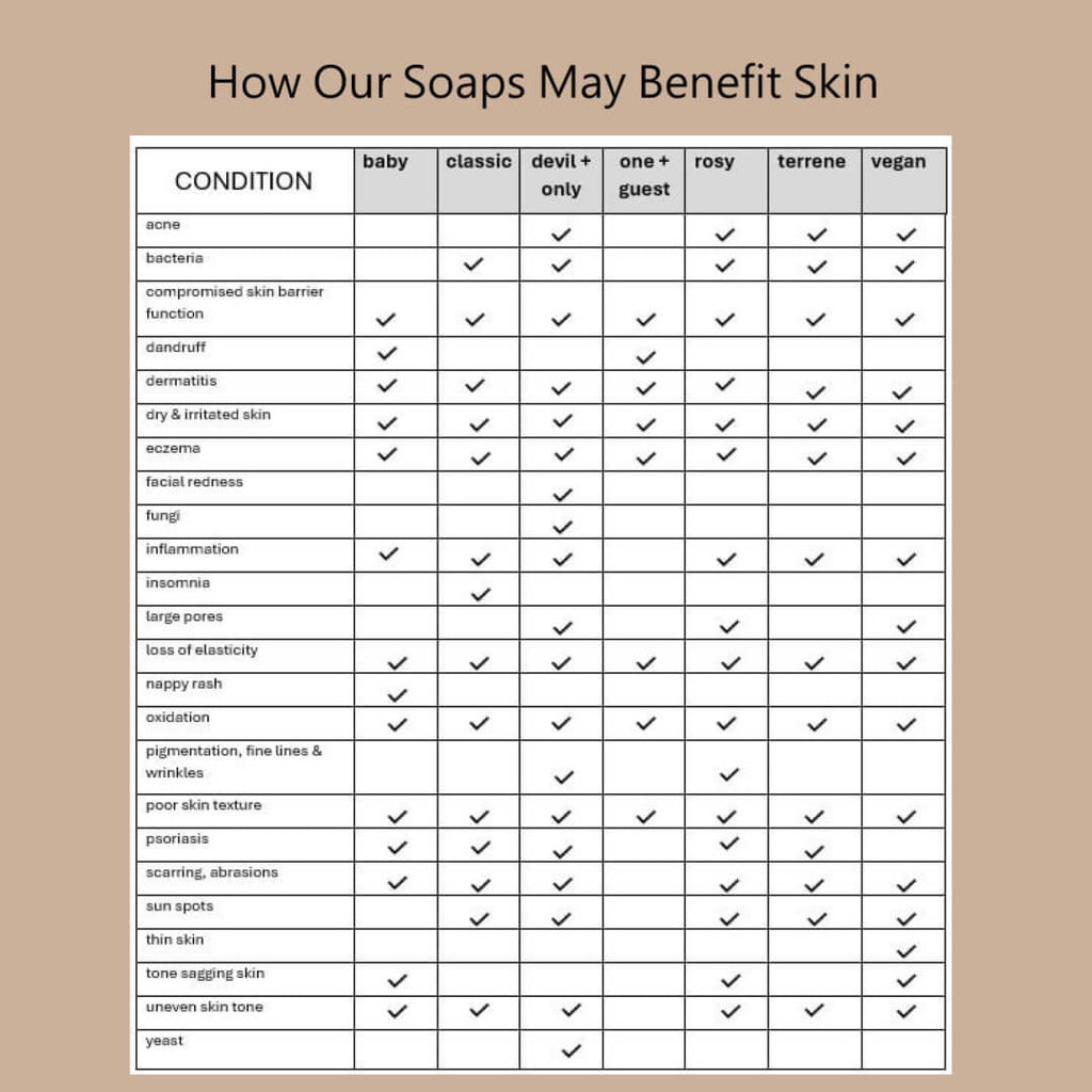 A comparison chart titled 'How Our Soaps May Benefit Skin' showing checkmarks for different skin conditions across baby, classic, devil + only, one + guest, rosy, terrene, and vegan soap categories, set on a buff background.