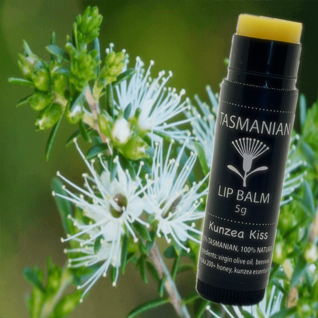 A black tube of kunzea kiss Tasmanian Lip Balm by Tasmanian Soap Farm  stands upright in front of white flowers and green leaves, with the balm stick exposed at the top.