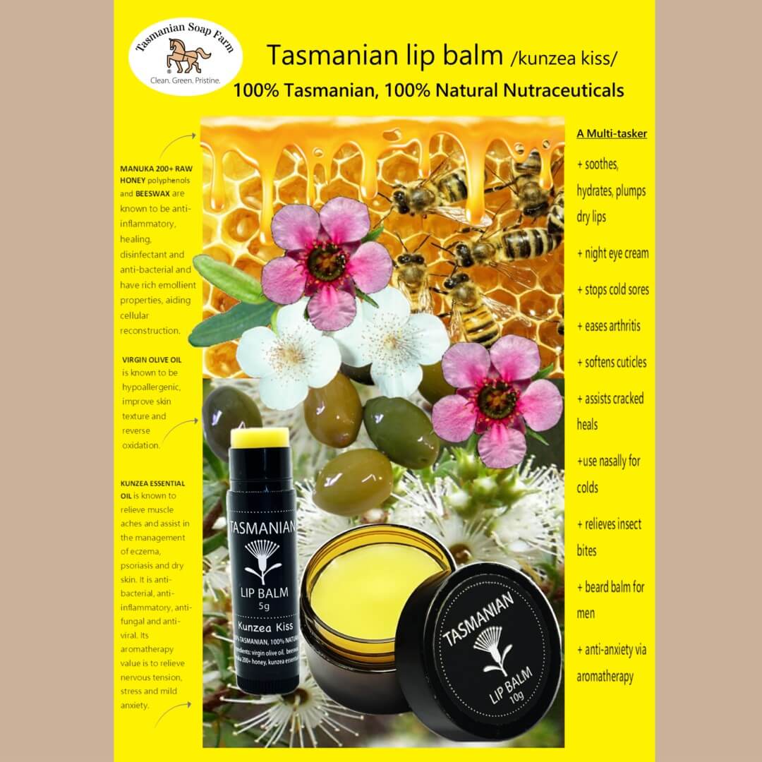 Tasmanian lip balm jar and tube, by Tasmanian Soap Farm, on a bright yellow background with decorative manuka and kunzea flowers, bees on honeycomb, and product claims text. The products are shown in an open round jar and a black tube, with visible Tasmanian branding.