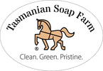 An oval logo for Tasmanian Soap Farm featuring a tan horse illustration in the centre, with the brand name 'Tasmanian Soap Farm' arched above and the tagline 'Clean. Green. Pristine.'