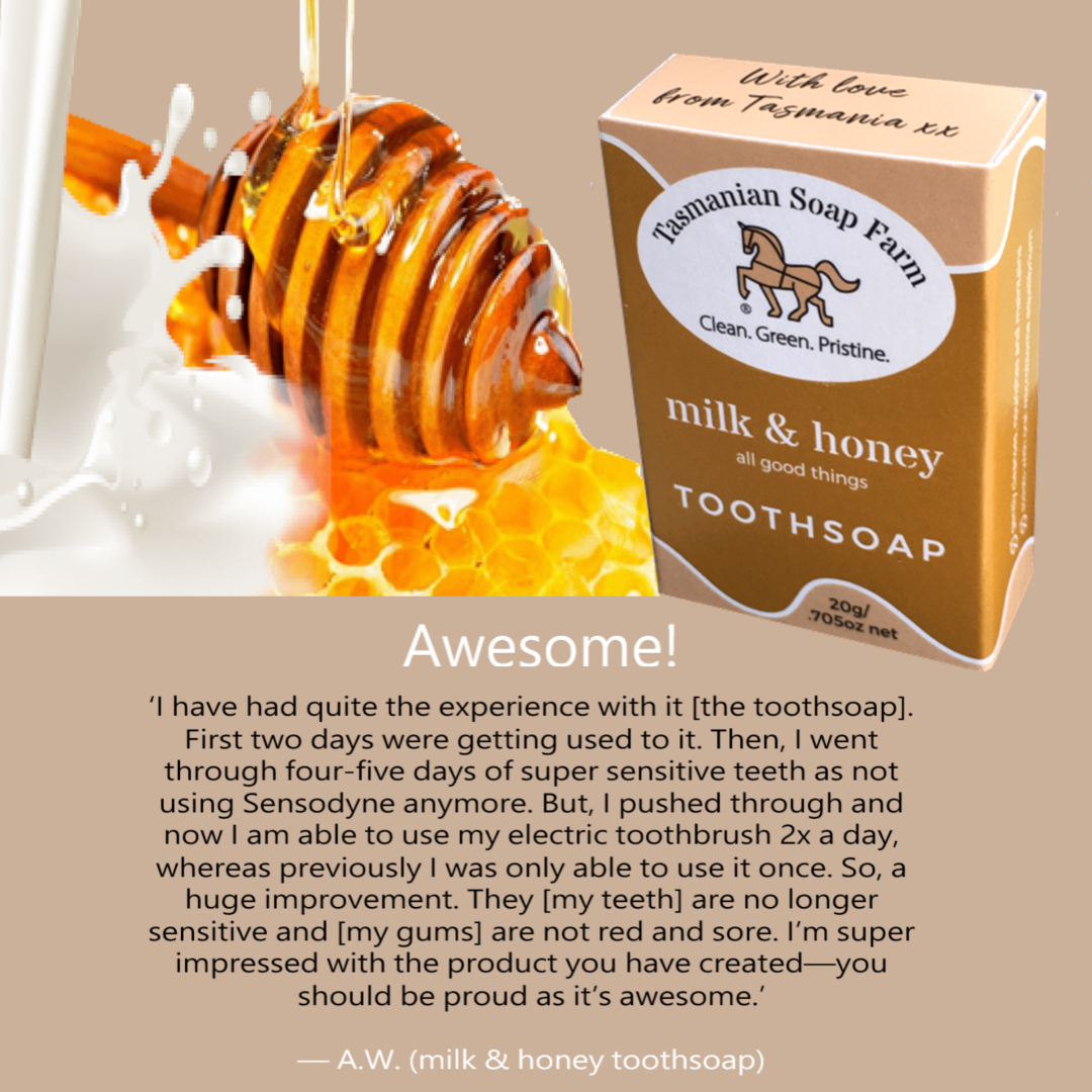 A box of Tasmanian Soap Farm milk and honey toothsoap shown beside a large honeycomb dripping with honey and a splash of white soap, with a customer testimonial text block below.