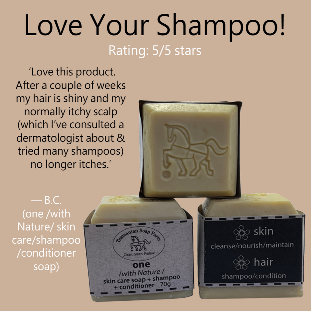 Three bars of Tasmanian Soap Farm natural shampoo bars and their paper packaging arranged on a beige background with promotional text. The top bar is unboxed, showing a pale yellowish-beige soap bar with a horse emblem.