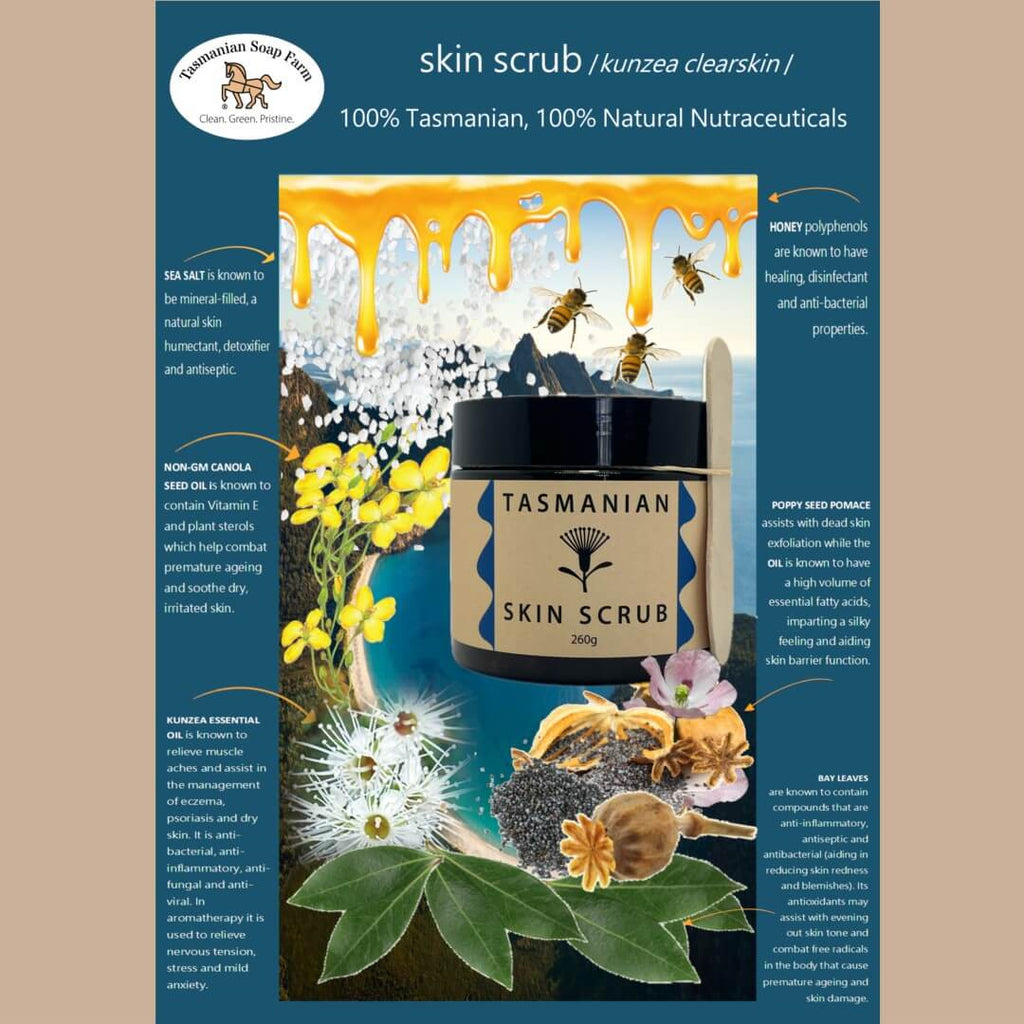 A cosmetic product poster for Tasmanian Skin Scrub, by Tasmanian Soap Farm, featuring a central jar of the product surrounded by illustrations of its natural ingredients, including honey, sea salt, bay leaves, and kunzea. The background is a mix of dark teal and light buff with text detailing the product's ingredients and benefits.