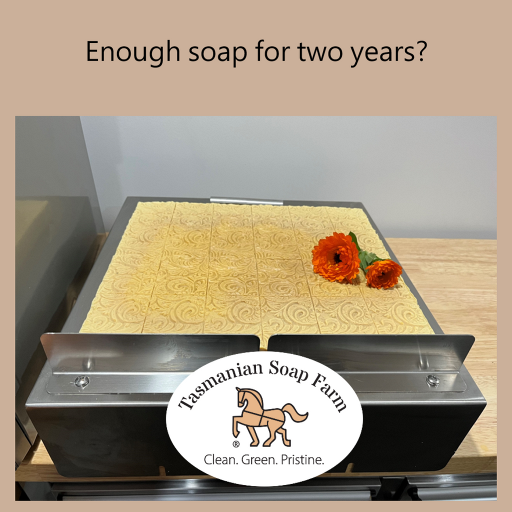 A large stainless steel soap cutter filled with a block of textured pale yellow soap, with two orange calendula flowers placed on top. The image includes the text 'Enough soap for two years?' at the top and a circular 'Tasmanian Soap Farm' logo overlay near the bottom.