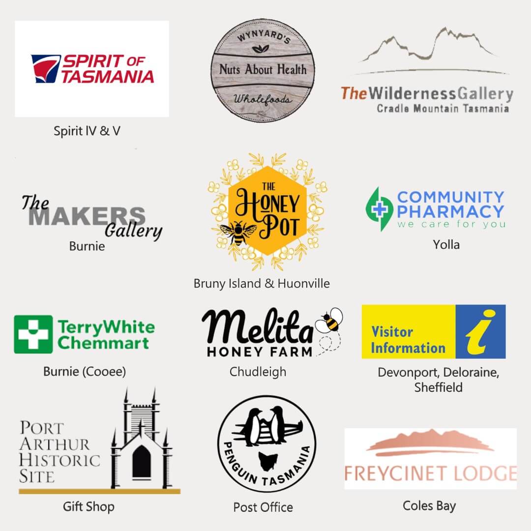 A collage of Tasmanian place and business logos who stock Tasmanian Soap Farm products on a light grey background, including Spirit of Tasmania, The Wilderness Gallery, The Makers Gallery, The Honey Pot, Community Pharmacy, Terry White Chemmart, Melita Honey Farm, Visitor Information Centres (Devonport, Deloraine and Sheffield), Port Arthur Historic Site, Penguin Tasmania, and Freycinet Lodge.