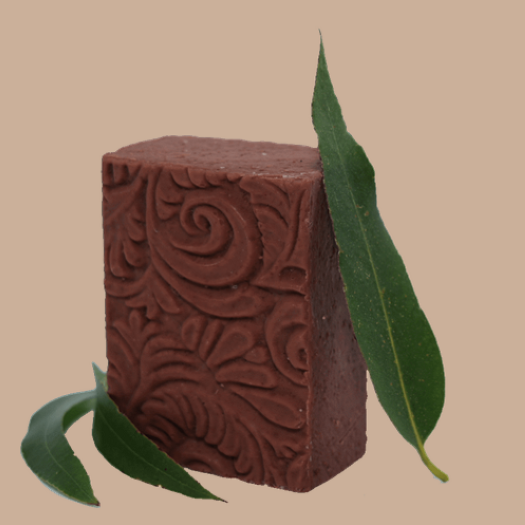 A rectangular bar of dark reddish-brown soap by Tasmanian Soap Farm with embossed floral swirl patterns, styled with green leaves on a solid beige background.