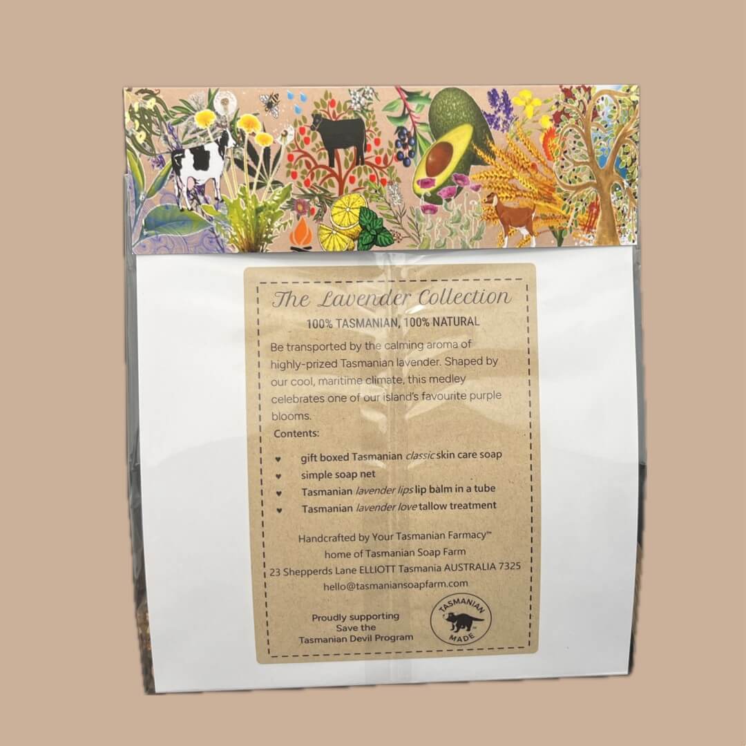 A packaged skincare product labelled 'The Lavender Collection' with a white pouch and a colourful illustrated header card showing flowers, animals, and natural elements. A kraft product information card is attached to the front.