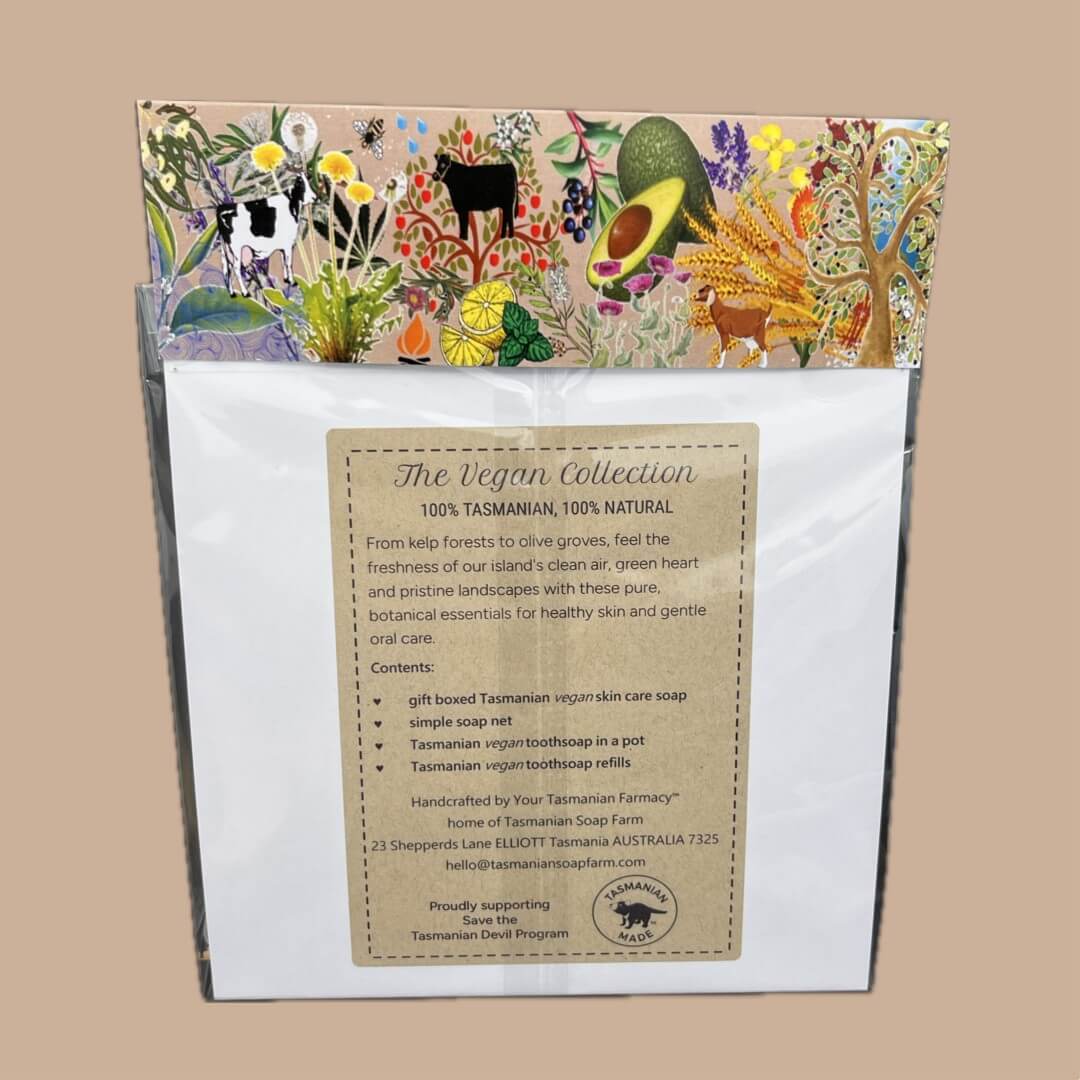 A packaged skincare product from The Vegan Collection, featuring a white pouch with a detailed, colourful botanical and animal illustration on the flap, and a kraft product information label on the front.