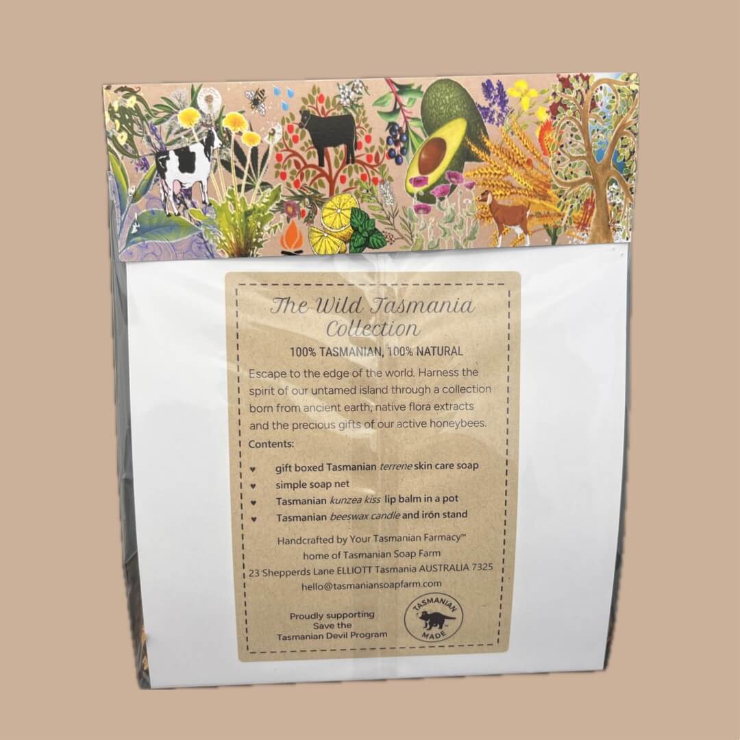 A packaged skincare product labelled 'The Wild Tasmania Collection' with a colourful botanical illustration across the top and a kraft product information card on the front, shown against a plain buff background.