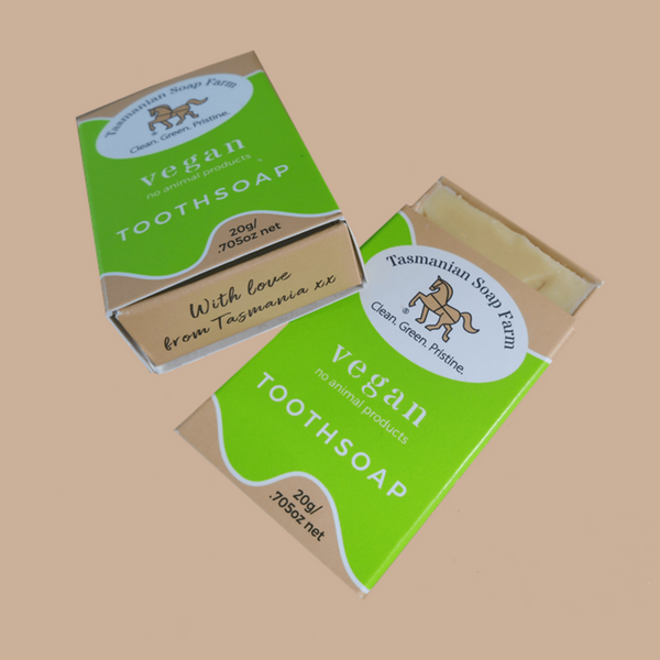 Tasmanian vegan toothsoap in a tray
